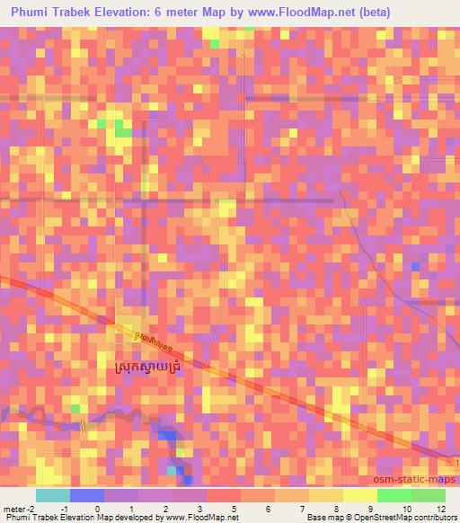 Phumi Trabek,Cambodia Elevation Map
