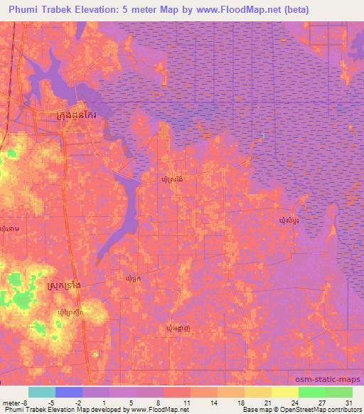Phumi Trabek,Cambodia Elevation Map