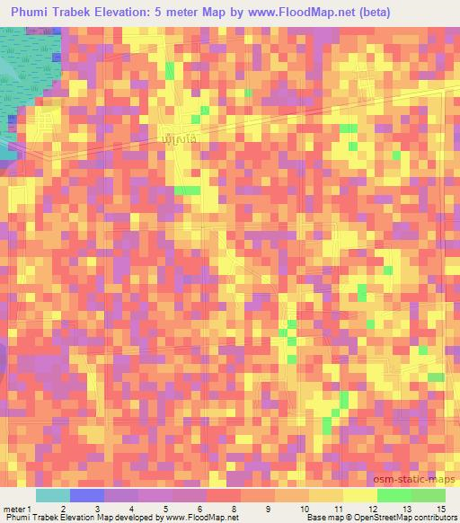 Phumi Trabek,Cambodia Elevation Map