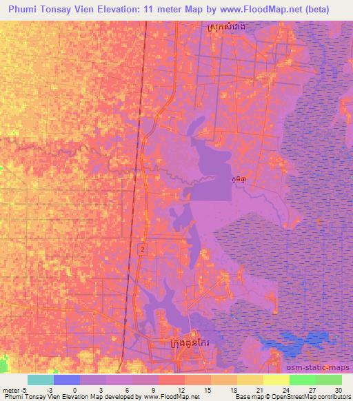 Phumi Tonsay Vien,Cambodia Elevation Map