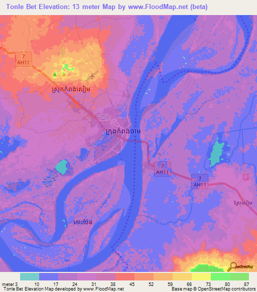 Tonle Bet,Cambodia Elevation Map
