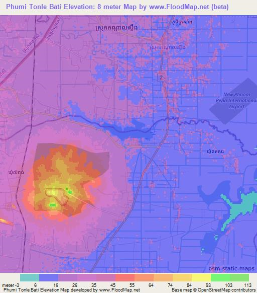 Phumi Tonle Bati,Cambodia Elevation Map
