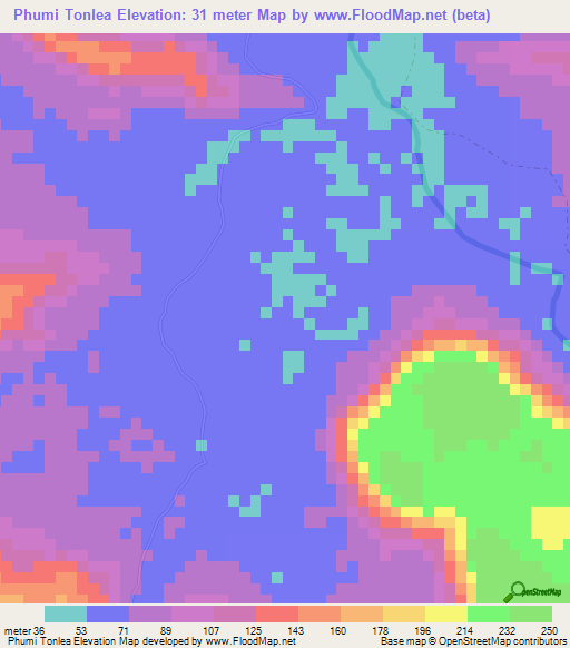 Phumi Tonlea,Cambodia Elevation Map
