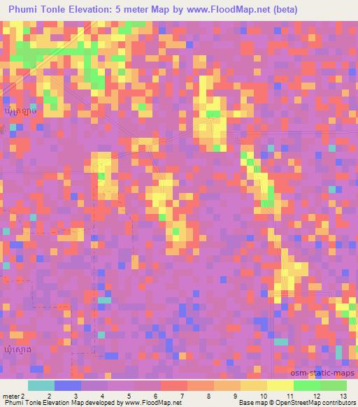 Phumi Tonle,Cambodia Elevation Map