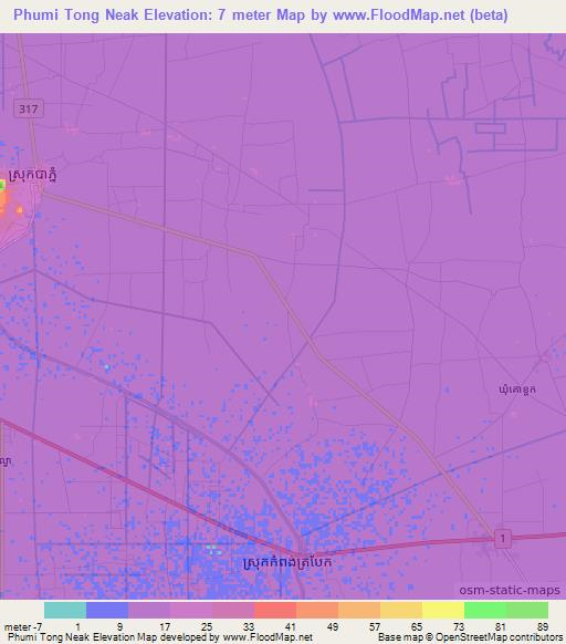 Phumi Tong Neak,Cambodia Elevation Map