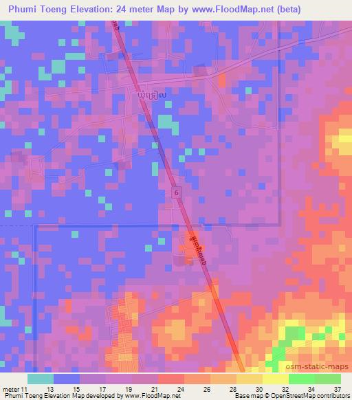 Phumi Toeng,Cambodia Elevation Map