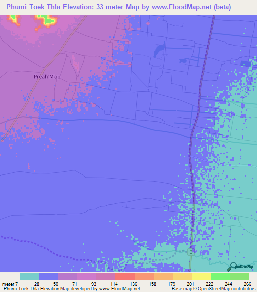 Phumi Toek Thla,Cambodia Elevation Map