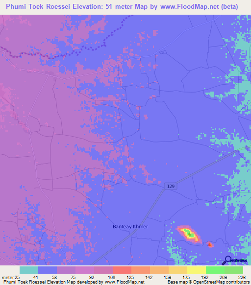 Phumi Toek Roessei,Cambodia Elevation Map