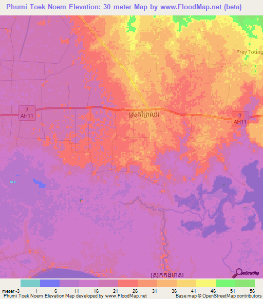 Phumi Toek Noem,Cambodia Elevation Map