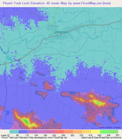 Phumi Toek Lech,Cambodia Elevation Map