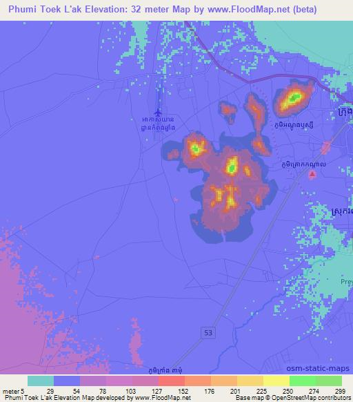 Phumi Toek L'ak,Cambodia Elevation Map