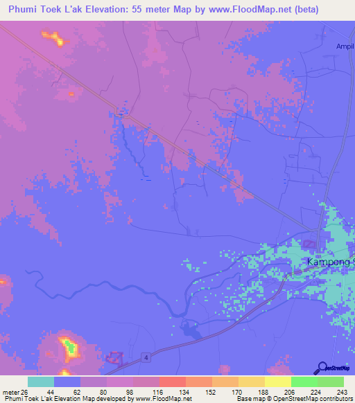 Phumi Toek L'ak,Cambodia Elevation Map