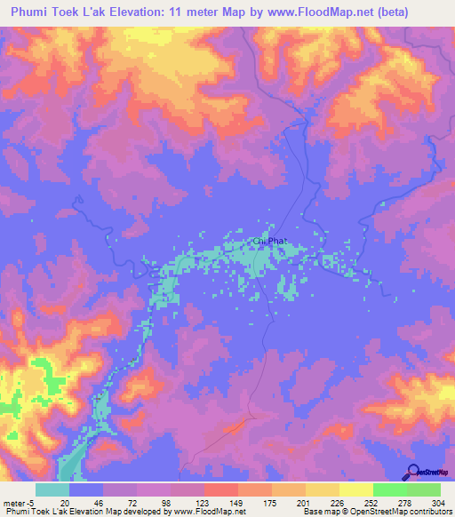 Phumi Toek L'ak,Cambodia Elevation Map