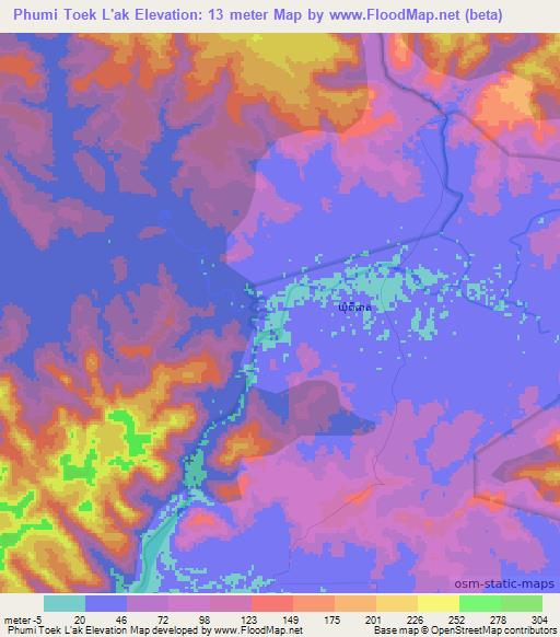 Phumi Toek L'ak,Cambodia Elevation Map