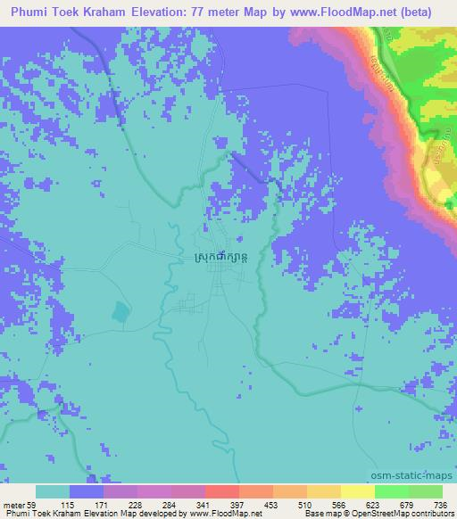 Phumi Toek Kraham,Cambodia Elevation Map