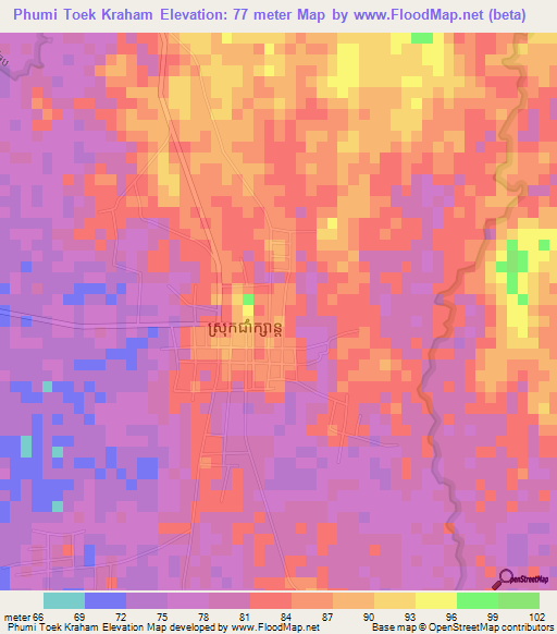 Phumi Toek Kraham,Cambodia Elevation Map