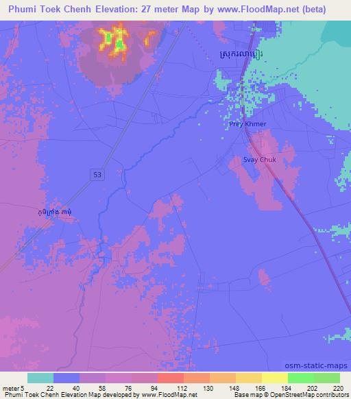 Phumi Toek Chenh,Cambodia Elevation Map