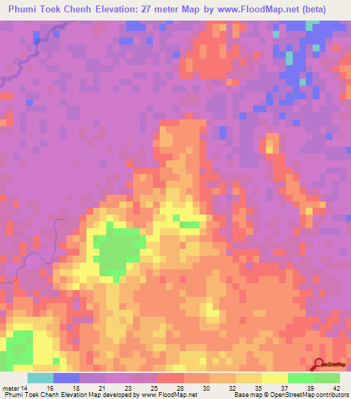 Phumi Toek Chenh,Cambodia Elevation Map