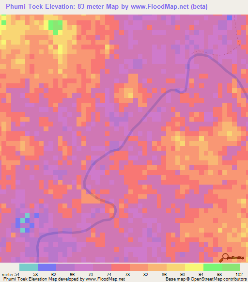 Phumi Toek,Cambodia Elevation Map