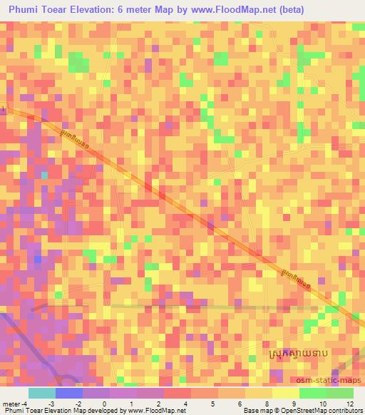Phumi Toear,Cambodia Elevation Map