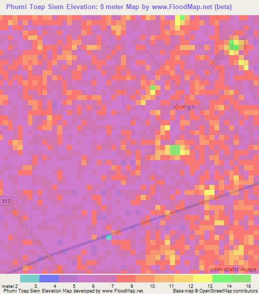Phumi Toap Siem,Cambodia Elevation Map
