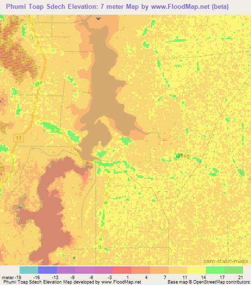 Phumi Toap Sdech,Cambodia Elevation Map
