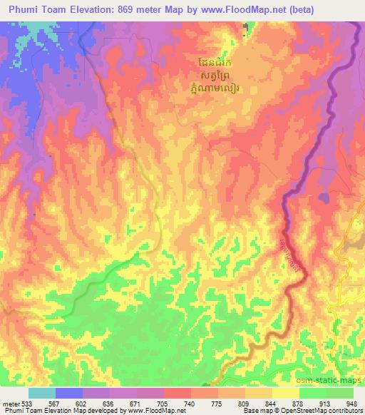 Phumi Toam,Cambodia Elevation Map