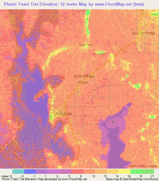 Phumi Tnaot Tret,Cambodia Elevation Map