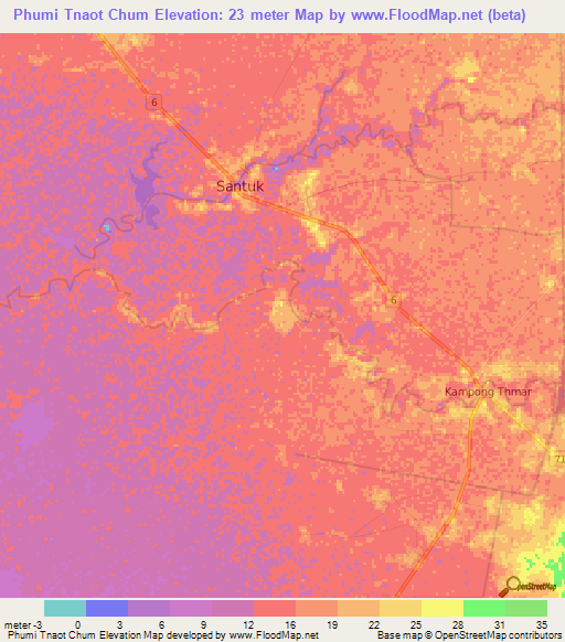 Phumi Tnaot Chum,Cambodia Elevation Map