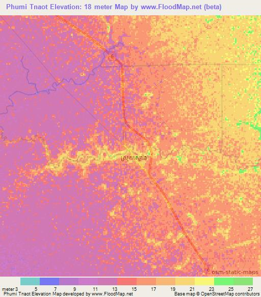 Phumi Tnaot,Cambodia Elevation Map
