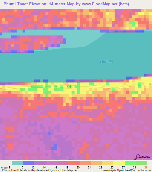 Phumi Tnaot,Cambodia Elevation Map