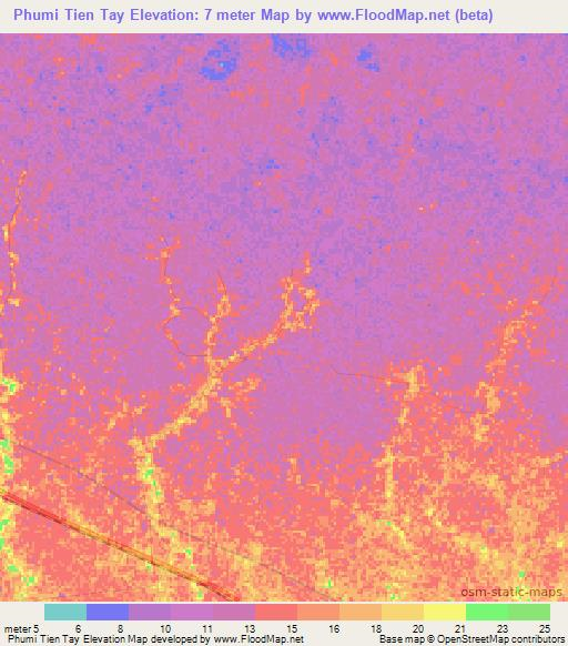 Phumi Tien Tay,Cambodia Elevation Map