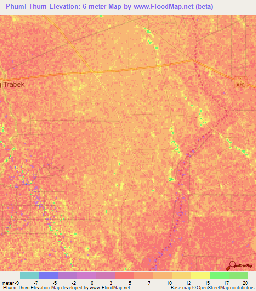 Phumi Thum,Cambodia Elevation Map