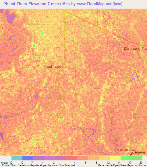 Phumi Thum,Cambodia Elevation Map