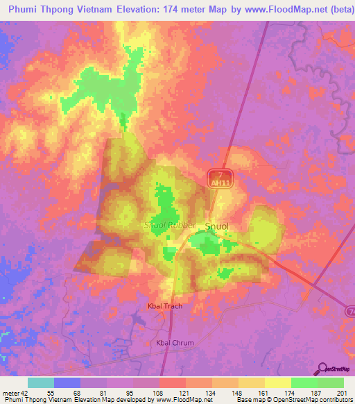 Phumi Thpong Vietnam,Cambodia Elevation Map