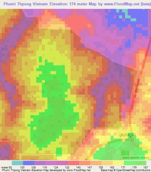 Phumi Thpong Vietnam,Cambodia Elevation Map