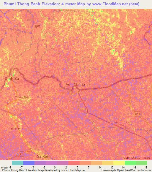 Phumi Thong Benh,Cambodia Elevation Map