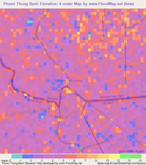 Phumi Thong Benh,Cambodia Elevation Map
