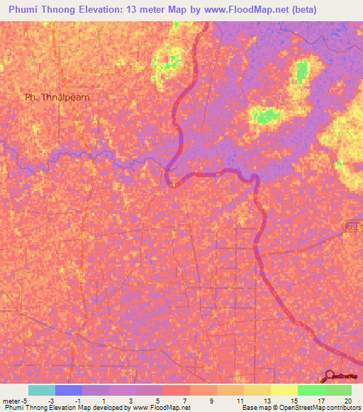 Phumi Thnong,Cambodia Elevation Map