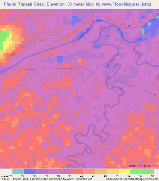 Phumi Thneah Cheal,Cambodia Elevation Map
