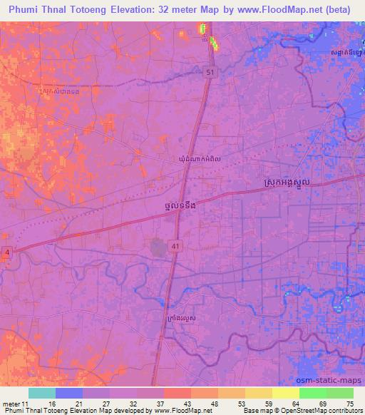 Phumi Thnal Totoeng,Cambodia Elevation Map