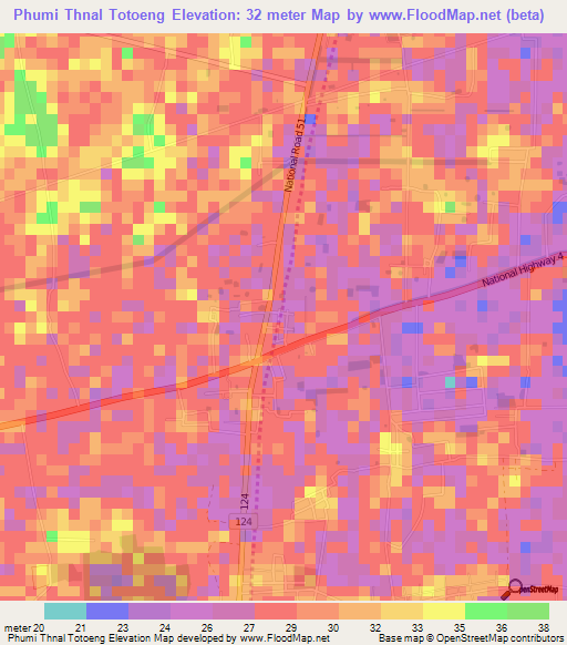 Phumi Thnal Totoeng,Cambodia Elevation Map