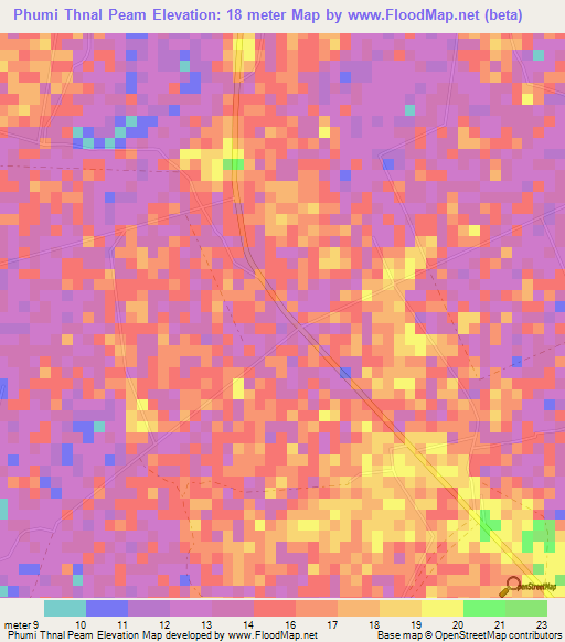 Phumi Thnal Peam,Cambodia Elevation Map