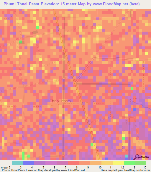 Phumi Thnal Peam,Cambodia Elevation Map