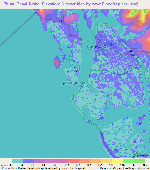 Phumi Thnal Krabei,Cambodia Elevation Map