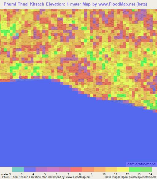Phumi Thnal Khsach,Cambodia Elevation Map