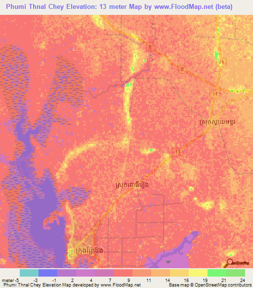 Phumi Thnal Chey,Cambodia Elevation Map