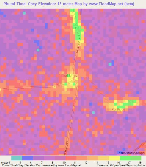 Phumi Thnal Chey,Cambodia Elevation Map