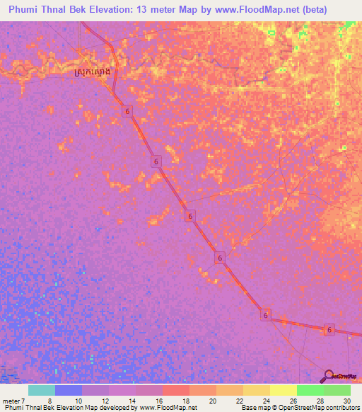 Phumi Thnal Bek,Cambodia Elevation Map