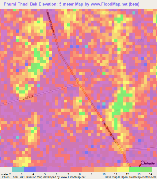 Phumi Thnal Bek,Cambodia Elevation Map